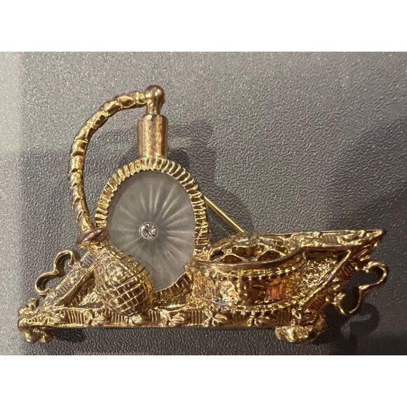 1928 Goldtone Rhinestone Brooch Vanity Tray With Perfume‎ Camphor Glass Elegant - Picture 4 of 8